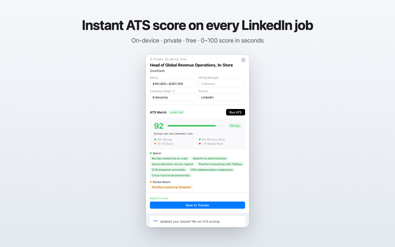 JobTrail side panel showing an ATS score of 92 (Strong tier) for a Head of Global Revenue Operations role, with descriptive match chips like 'RevOps leadership at scale' and 'Pipeline forecasting with Tableau'