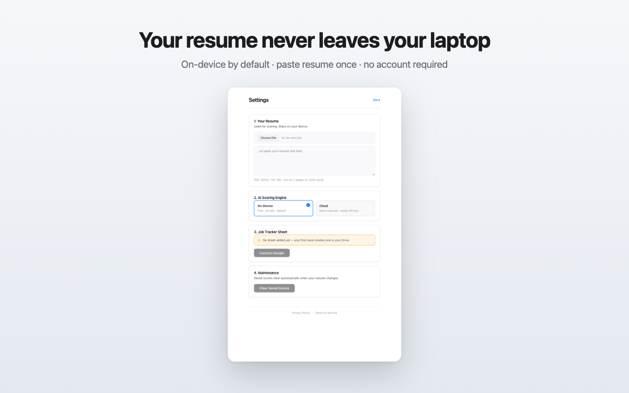 JobTrail settings panel showing on-device AI scoring as the default and a resume textarea