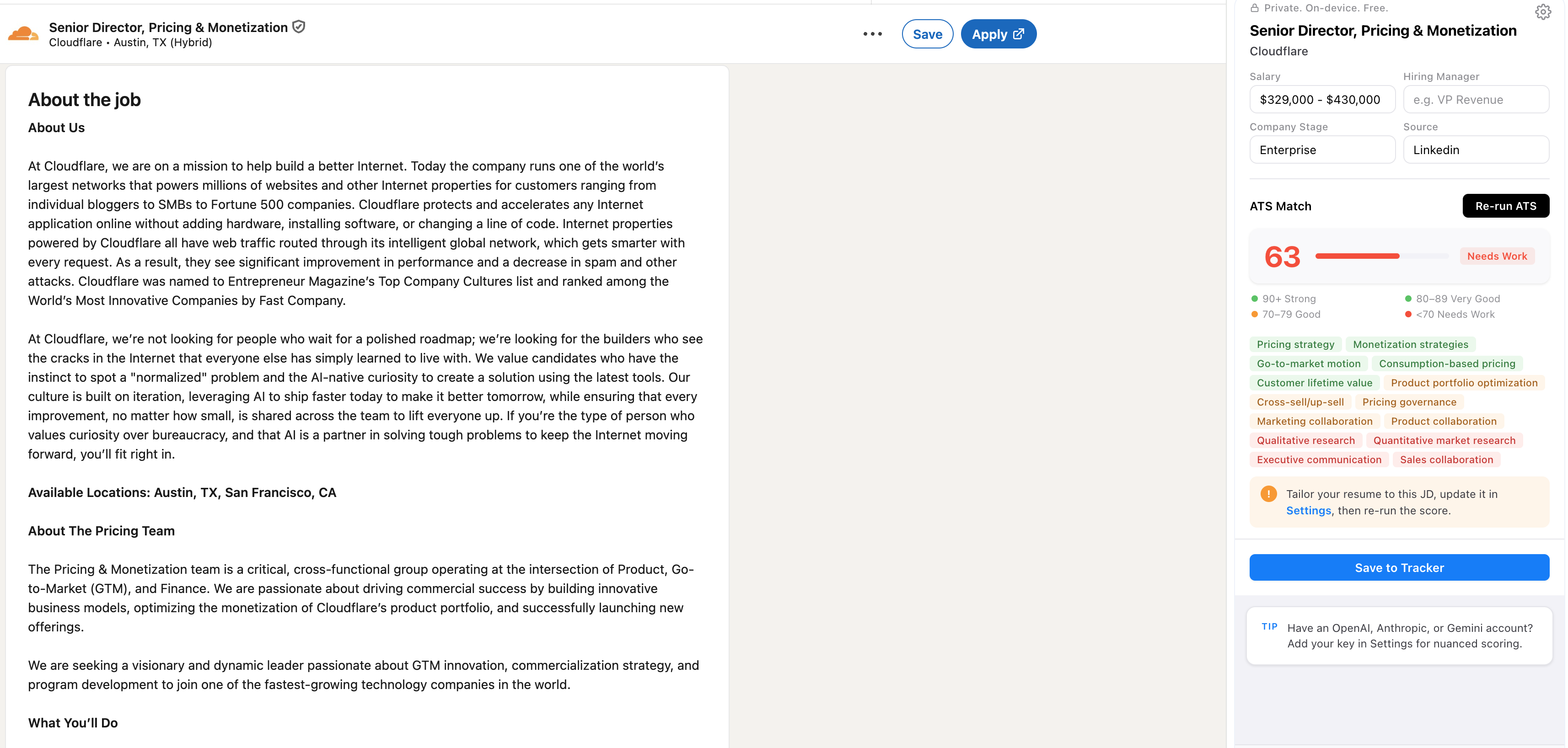 LinkedIn job posting on the left and JobTrail's side panel on the right, scoring the role with salary, company stage, and the match / related / gap breakdown visible.